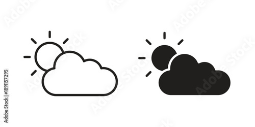 Sun behind cloud icon in outline and solid styles representing weather forecast cloudy day partly sunny and forecast concept simple graphic element