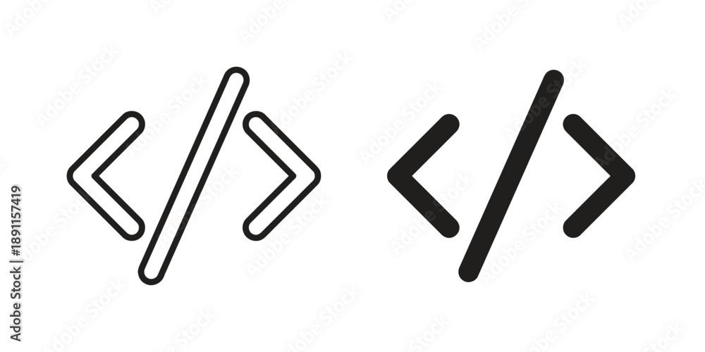 Obraz premium Two code bracket icons, one outline and one filled, representing programming, coding, and web development in a clean digital style
