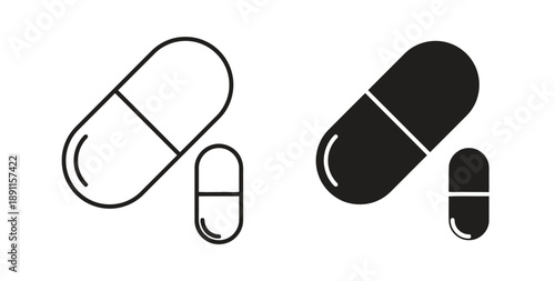 Two capsule pills, one outlined and one solid black, signifying medication, health, treatment, and pharmaceutical products, simple medical icons.