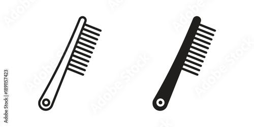Two comb icons, outline and solid fill, representing hair care and grooming, a symbol for styling and hygiene, simple vector illustration for beauty and personal care, clean and modern design
