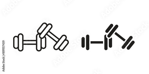 Two dumbbell icons, outline and solid fill, representing weight lifting and fitness, a concept for exercise and health, symbol for gym and workout equipment, clear and simple design