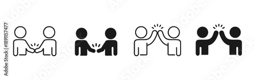 Two pairs of people icons, one outlined and one solid black, depicting interaction and connection with hands reaching or high-fiving in a gesture of unity.