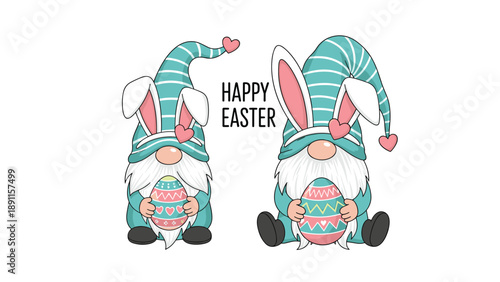 Two cute cartoon Easter gnomes with long white beards and bunny ears holding decorated holiday eggs for spring celebration.