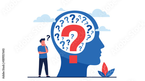 Puzzled man standing next to giant silhouette head filled with many question marks representing confusion and decision making.