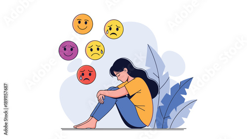 Young woman sitting in isolation with various emoji faces representing mood swings and complex emotional mental health struggles.