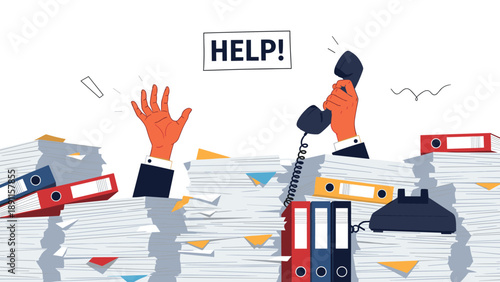 Overworked employee buried under mountain of documents and files holding phone and sign for help representing office burnout.