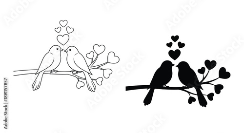 Two lovebirds perched on a branch a romantic black silhouette