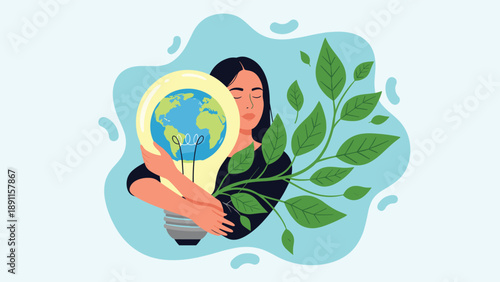 Environmental awareness concept with woman hugging giant lightbulb containing earth globe and green leaves for green energy ideas.