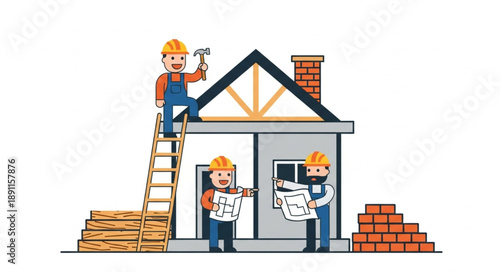 Construction workers building a house together on a white background.
