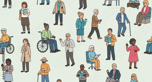 Diverse group of people with different ages and abilities depicted in a pattern.