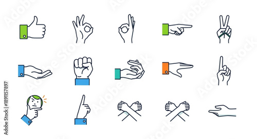 Collection of diverse hand gestures and icons for communication and expression.