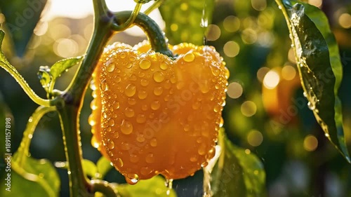Wallpaper Mural Macro shot of a ripe orange bell pepper with dew droplets on a leafy plant in warm sunlight at dusk Torontodigital.ca