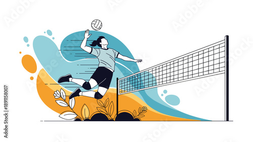 Professional female athlete playing volleyball jumping high to hit ball over net with colorful abstract background art.