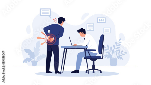 Office workers experiencing lower back pain and poor posture while working on laptop computers for healthcare awareness.