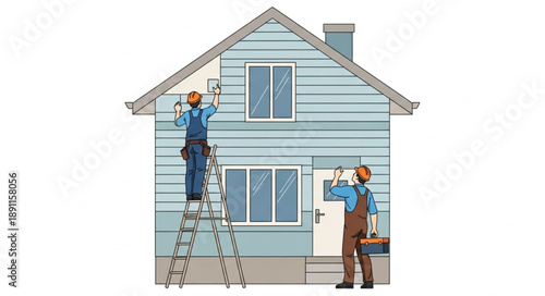 Two construction workers painting a house exterior with ladders and tools.