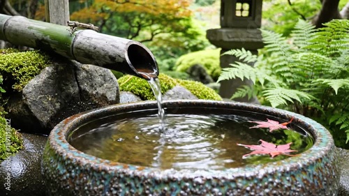 Wallpaper Mural A mossy stone basin collects water from a bamboo spout, framed by ferns and a pink leaf in a garden Torontodigital.ca