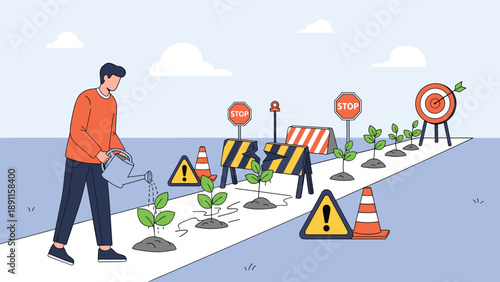 Determined man watering small plants on a long path toward a target with various roadblocks and stop signs along the journey, depicting business hurdles.