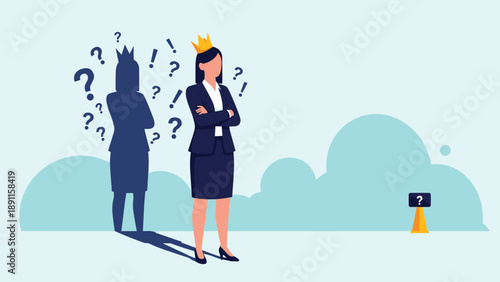 Confident businesswoman wearing a crown and looking ahead while her shadow shows a crown surrounded by symbols of doubt and uncertainty about leadership.