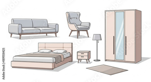 Collection of modern furniture for home interior design.