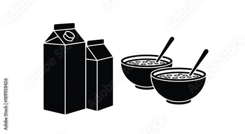 Black and white breakfast items including milk and cereal silhouette