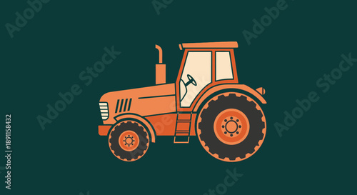 Orange tractor illustration on dark green background for agriculture concept