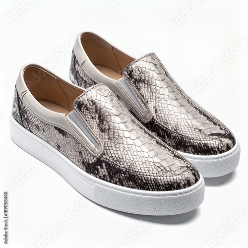 Stylish snake print slip on sneakers on a clean white background create a modern aesthetic