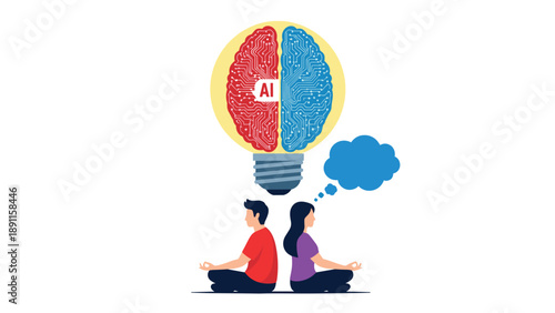 Man and woman in meditation poses below a large light bulb brain with ai circuitry, symbolizing the balance between mindful well-being and smart technology.