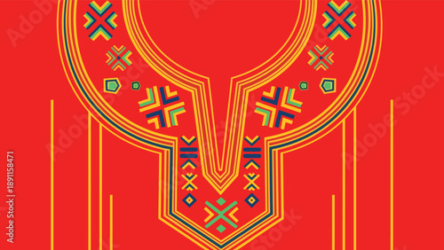 Vibrant ethnic embroidery pattern for a neckline on a red fabric background, featuring geometric shapes in yellow, green, and blue colors for cultural attire.