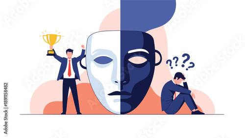 Businessman holding a gold trophy in front of a giant mask divided between joy and sadness, representing the complex emotions of professional success.