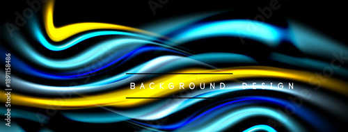 Abstract flowing lines, vibrant blues, yellows create dynamic background. Smooth gradients suggest movement, energy. Dark backdrop enhances luminosity.