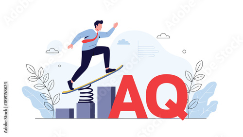 Energetic businessman on a skateboard jumping over a rising bar chart towards giant red letters AQ, representing high adaptability quotient in business.