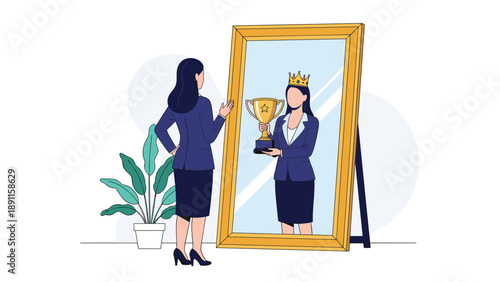 Businesswoman looking into a large mirror and seeing a successful version of herself wearing a crown and holding a golden trophy in a blue room.