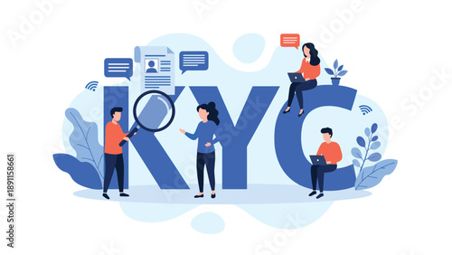 Team of professionals working together around giant blue letters kyc using various digital tools to verify user identity and ensure security compliance.