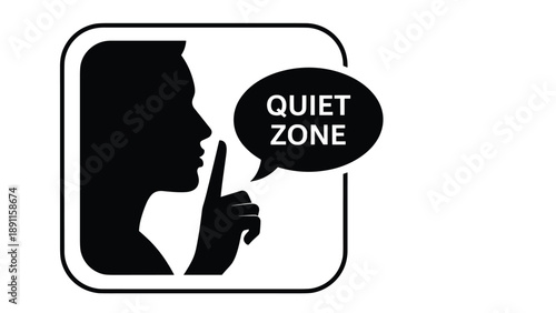 Black and white silhouette of a person with a finger to their lips inside a square frame containing a speech bubble with the text quiet zone.