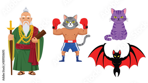 Set of four diverse cartoon character illustrations including a wise old sensei, a boxing cat, a cute purple cat, and a muscular winged bat creature.