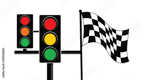 Racing start signal and checkered flag illustrate the beginning of a competitive event