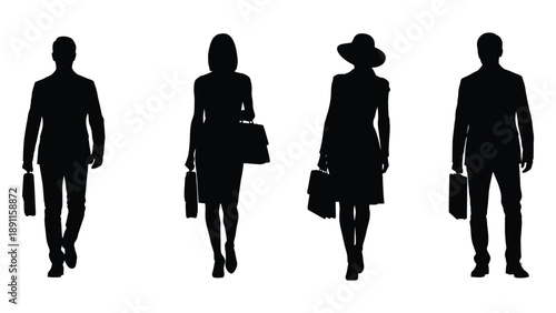 Silhouettes of four business people walking forward carrying briefcases and bags