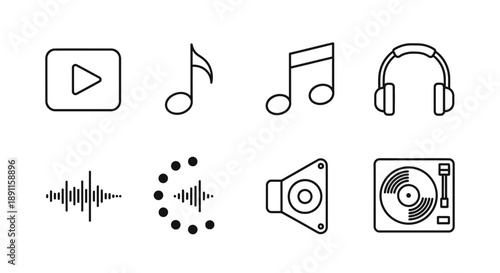 Music icons set play button notes headphones equalizer speaker turntable