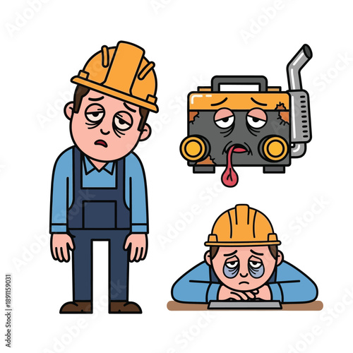 Cartoon illustration of an exhausted construction worker and a broken, tired-looking generator, depicting fatigue and weariness.