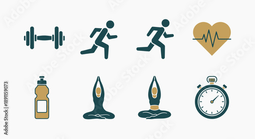 Fitness and wellness icons dumbbell running heartbeat water bottle yoga stopwatch