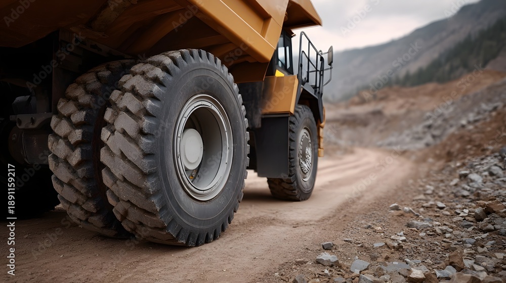 Obraz premium Massive yellow dump truck wheels on a dusty road in a rugged mining ope n