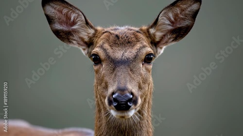 Stunning wildlife portrait of a female deer (doe) staring directly at the viewer, showing detailed fur texture against a soft gray background.