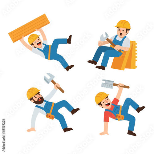 Cartoon illustration of four construction workers falling and having accidents, depicting workplace safety issues or clumsy situations.