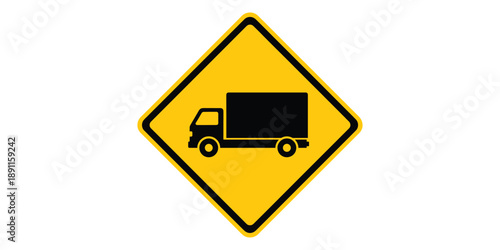 Yellow road sign with black truck symbol isolated on white background