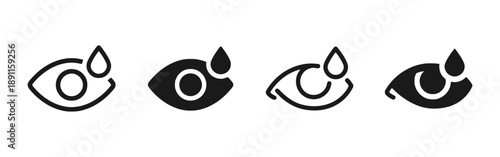 Set of eye drop icons showing different styles and details, representing eye care, vision treatment, and ocular health, including solid, outline, and pupil variations for medical and wellness contexts