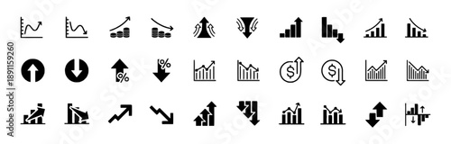 Set of financial icons representing growth and decline, including charts, graphs, coins, arrows, and currency symbols for business and economic concepts