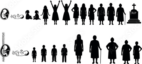 Female Human Life Cycle Silhouettes Set Showing Aging Stages From Birth To Senior, Old Age, Grave And Death Vector Illustration