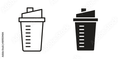 Protein shaker bottle icon set, outline and filled silhouette. For fitness, gym, workout, nutrition, supplement, beverage. Measuring lines on container. Sport, health lifestyle accessory.