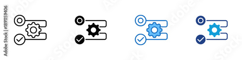 Process workflow with gear symbol check mark and start end points in multiple styles signifying operation development and completion status review