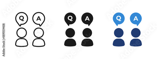 Q and A icons with people symbols representing question and answer sessions communication dialogue and problem solving simple flat design vector illustrations in different styles